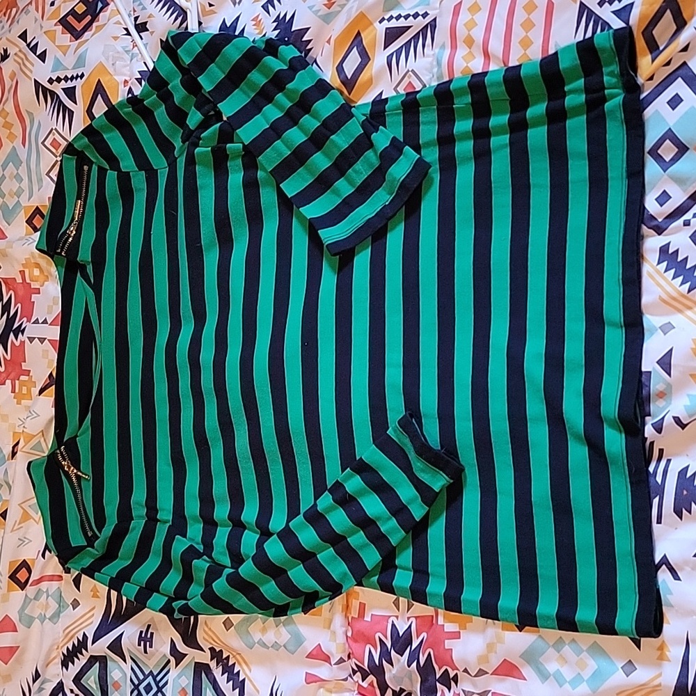 Anne Klein Green and Black Striped 3/4 Sleeve Top
